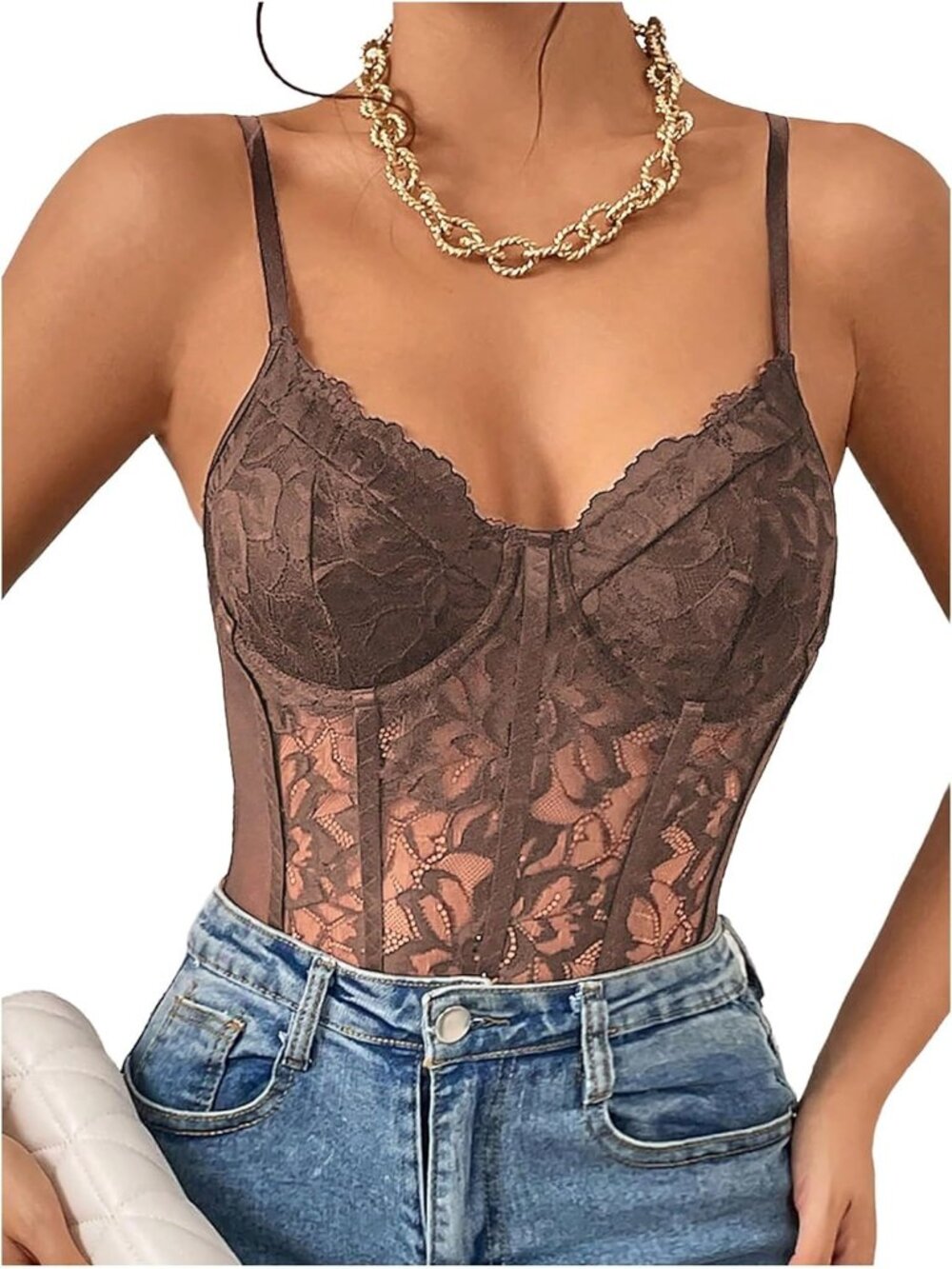 Women's Coffee Underwire Sheer Mesh Bustier Spaghetti Bodysuit Lace Corset Top